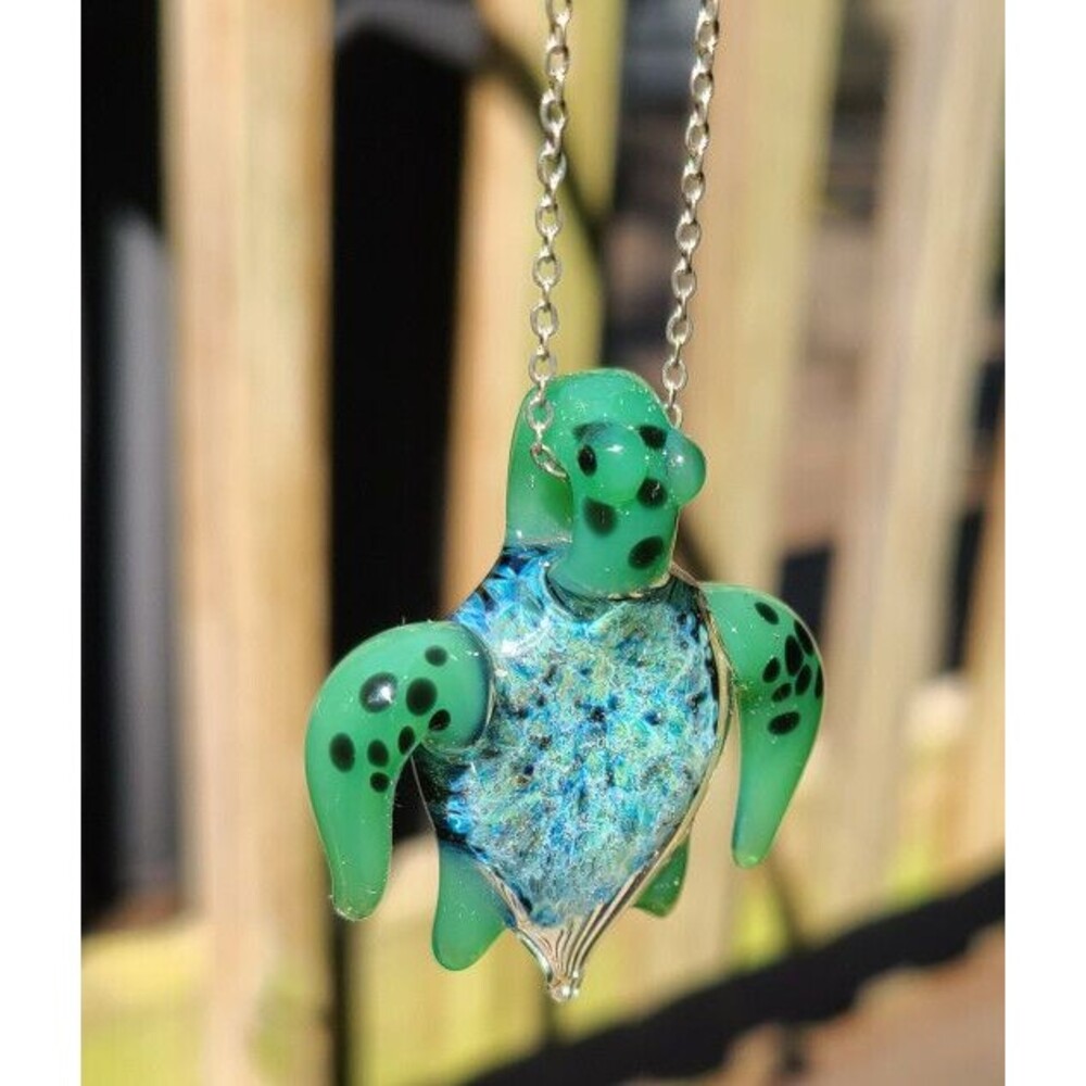 Handmade Jungle Glass Sea Turtle pendant on sterling silver chain